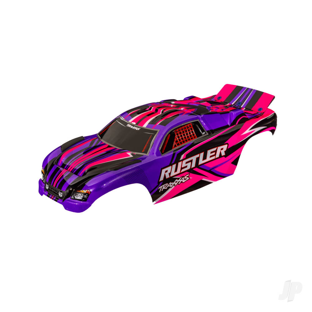 traxxas-body-rustler-also-fits-rustler-vxl-pink-painted-decals-applied-assembled-with-front-rear-body-mounts-for-clipless-mounting