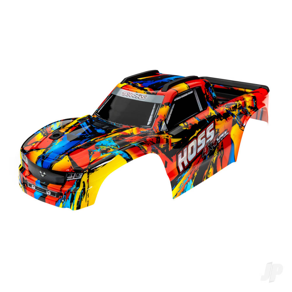 traxxas-body-hoss-4x4-vxl-solar-flare-painted-decals-applied-assembled-with-front-rear-body-mounts-and-rear-body-support-for-clipless-mounting