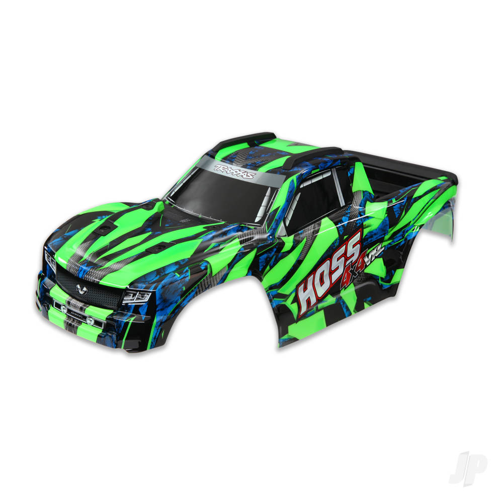 traxxas-body-hoss-4x4-vxl-green-window-grille-lights-decal-sheet-assembled-with-front-rear-body-mounts-and-rear-body-support-for-clipless-mounting