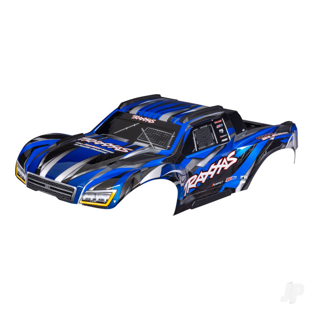 Traxxas Body, Maxx Slash, Blue (painted)/ decal sheet (assembled with body support, body plastics, & latches for clipless mounting)