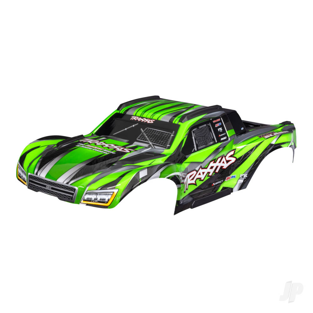 Traxxas Body, Maxx Slash, Green (painted)/ decal sheet (assembled with body support, body plastics, & latches for clipless mounting)