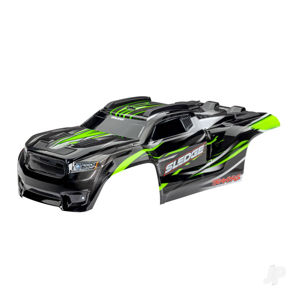 traxxas-body-sledge-green-window-grille-lights-decal-sheet-assembled-with-front-rear-body-mounts-and-rear-body-support-for-clipless-mounting