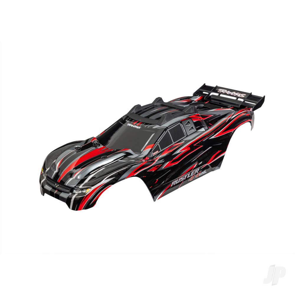 Traxxas Body, Rustler 4X4 VXL, red (painted, decals applied) (assembled with front & rear body mounts and rear body support for clipless mounting)