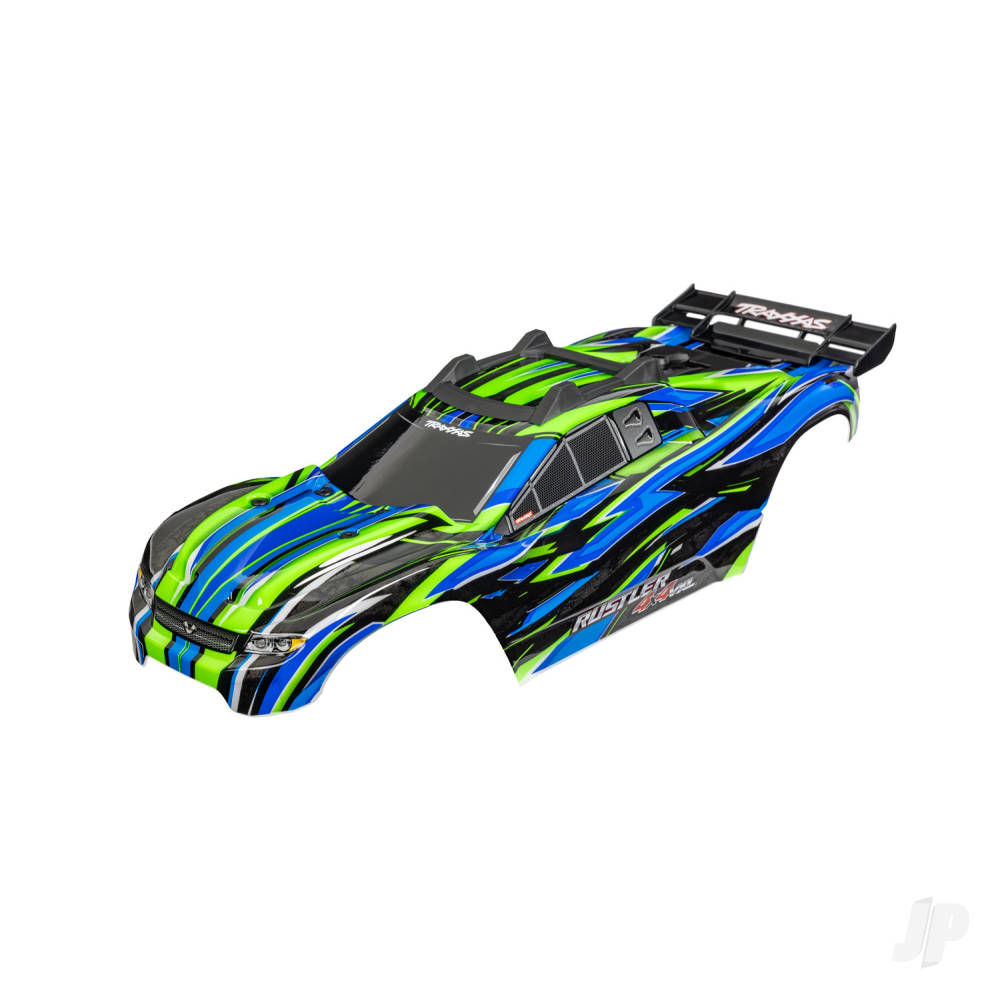 Traxxas Body, Rustler 4X4 VXL, green (painted, decals applied) (assembled with front & rear body mounts and rear body support for clipless mounting)