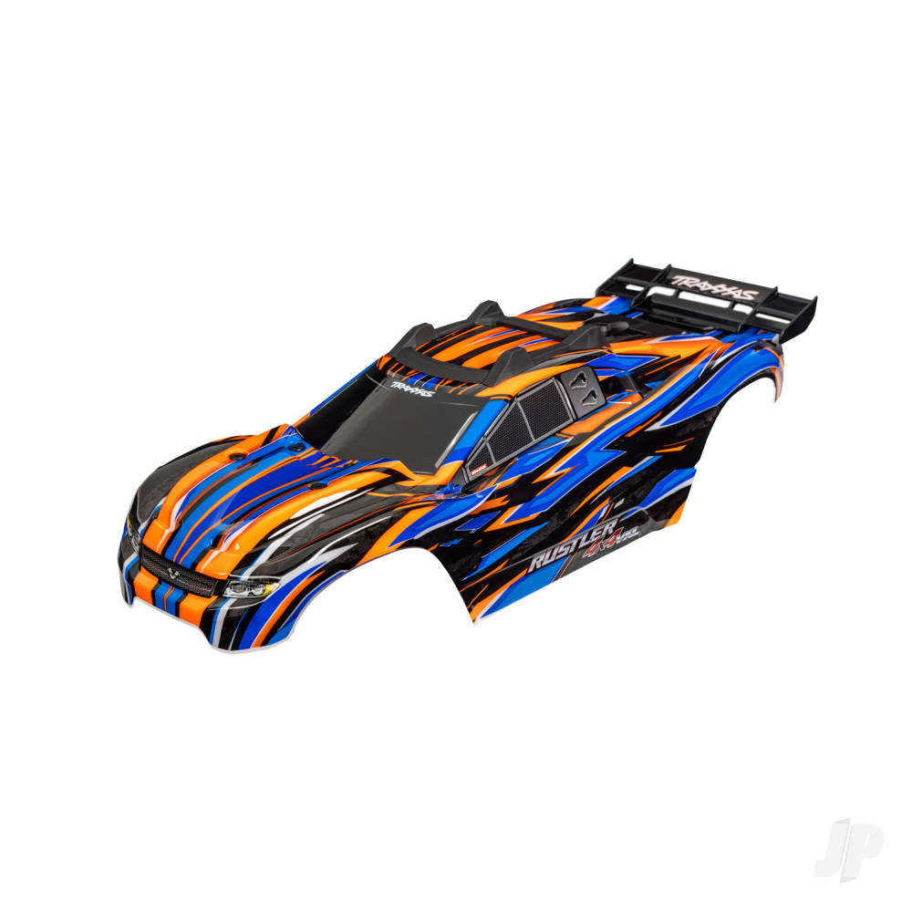 Traxxas Body, Rustler 4X4 VXL, orange (painted, decals applied) (assembled with front & rear body mounts and rear body support for clipless mounting)