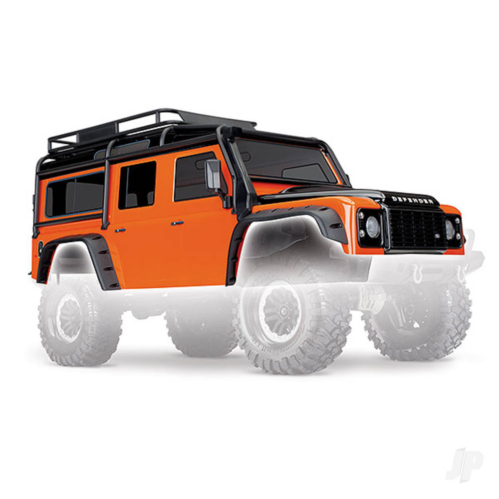 Traxxas Body, Land Rover Defender, adventure Orange (complete with ExoCage, inner fenders, fuel canisters, and jack)