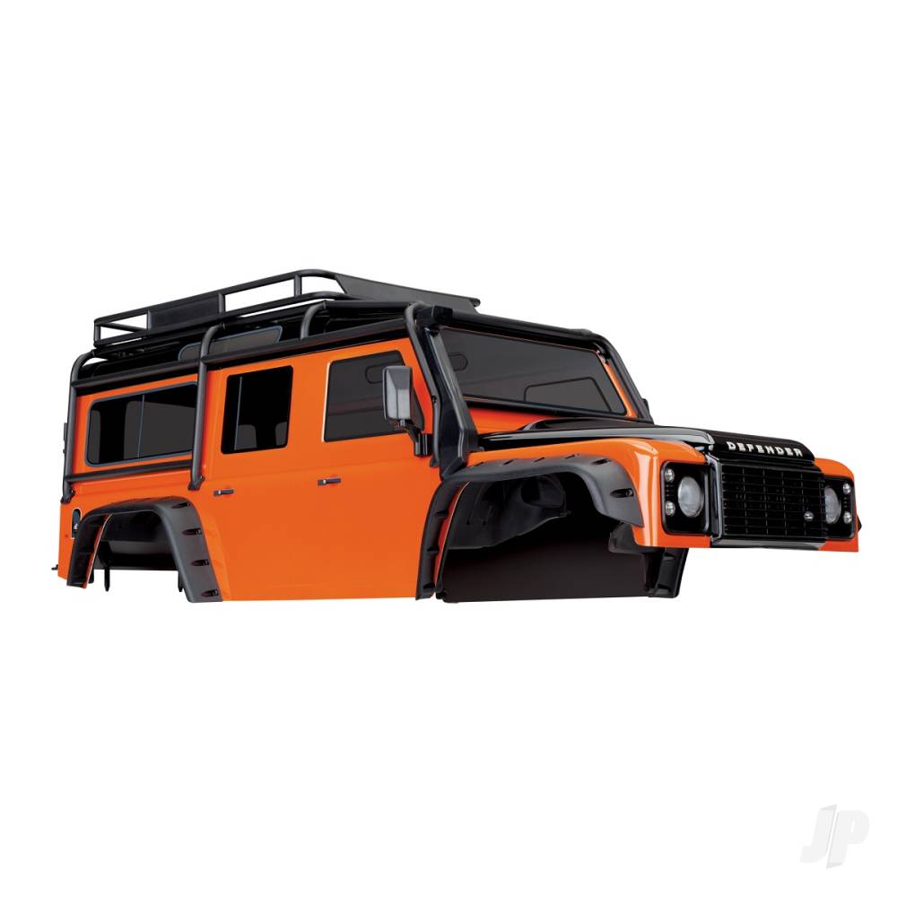 traxxas-body-land-rover-defender-adventure-orange-complete-with-exocage-inner-fenders-fuel-canisters-and-jack