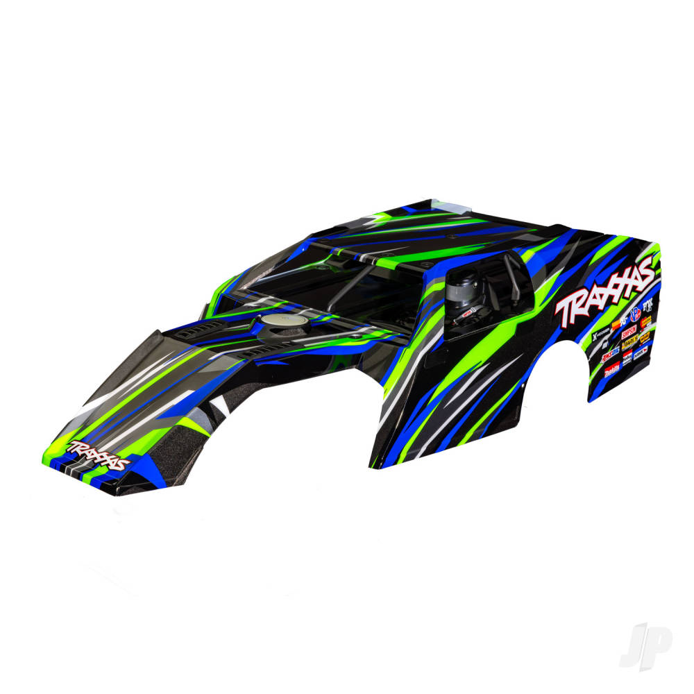 traxxas-body-slash-modified-green-painted-decals-applied-assembled-with-front-rear-body-mounts-and-body-support-for-clipless-mounting