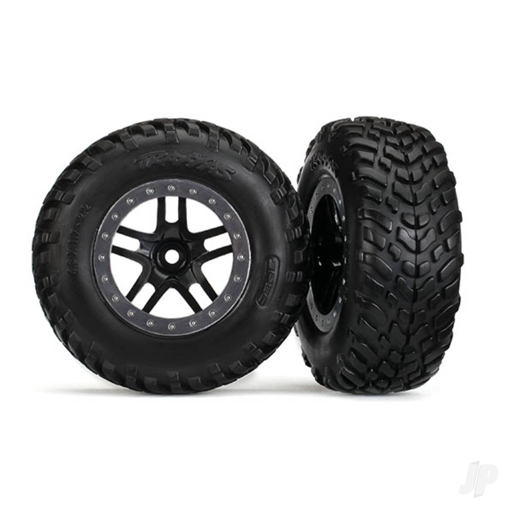 Traxxas Tyres & wheels, assembled, glued (SCT Split-Spoke black, satin chrome beadlock style wheels, dual profile (2.2