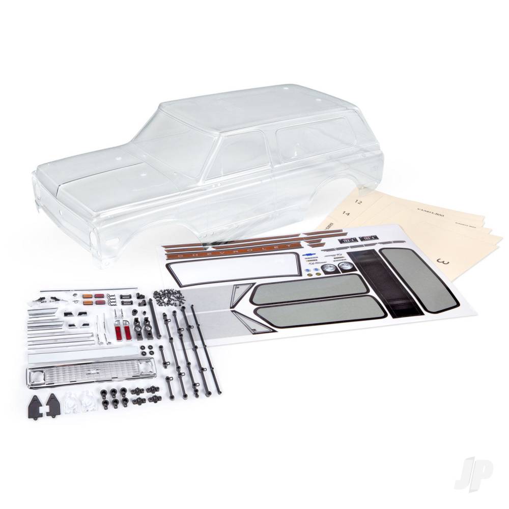 traxxas-body-chevrolet-blazer-1972-clear-requires-painting-includes-grille-side-mirrors-side-trim-door-handles-windshield-wipers-decals-window-masks