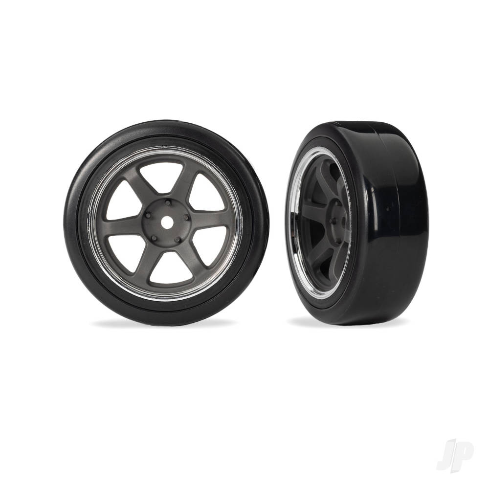 Traxxas Tyres & Wheels, Assembled (six spoke Graphite Grey wheels w/Chrome rim, 1.9