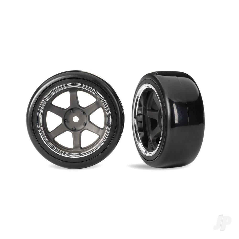 traxxas-tyres-wheels-assembled-six-spoke-graphite-grey-wheels-wchrome-rim-19-drift-tyres-2-dots-soft-smooth-surfaces-wide-rear-2