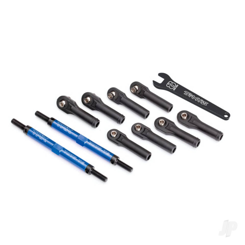 Traxxas Toe links, E-Revo VXL (Tubes Blue-anodised, 7075-T6 aluminium, stronger than Titanium) (144mm) (2 pcs) / rod ends, assembled with Steel hollow balls (8 pcs) / aluminium wrench, 10mm (1pc)
