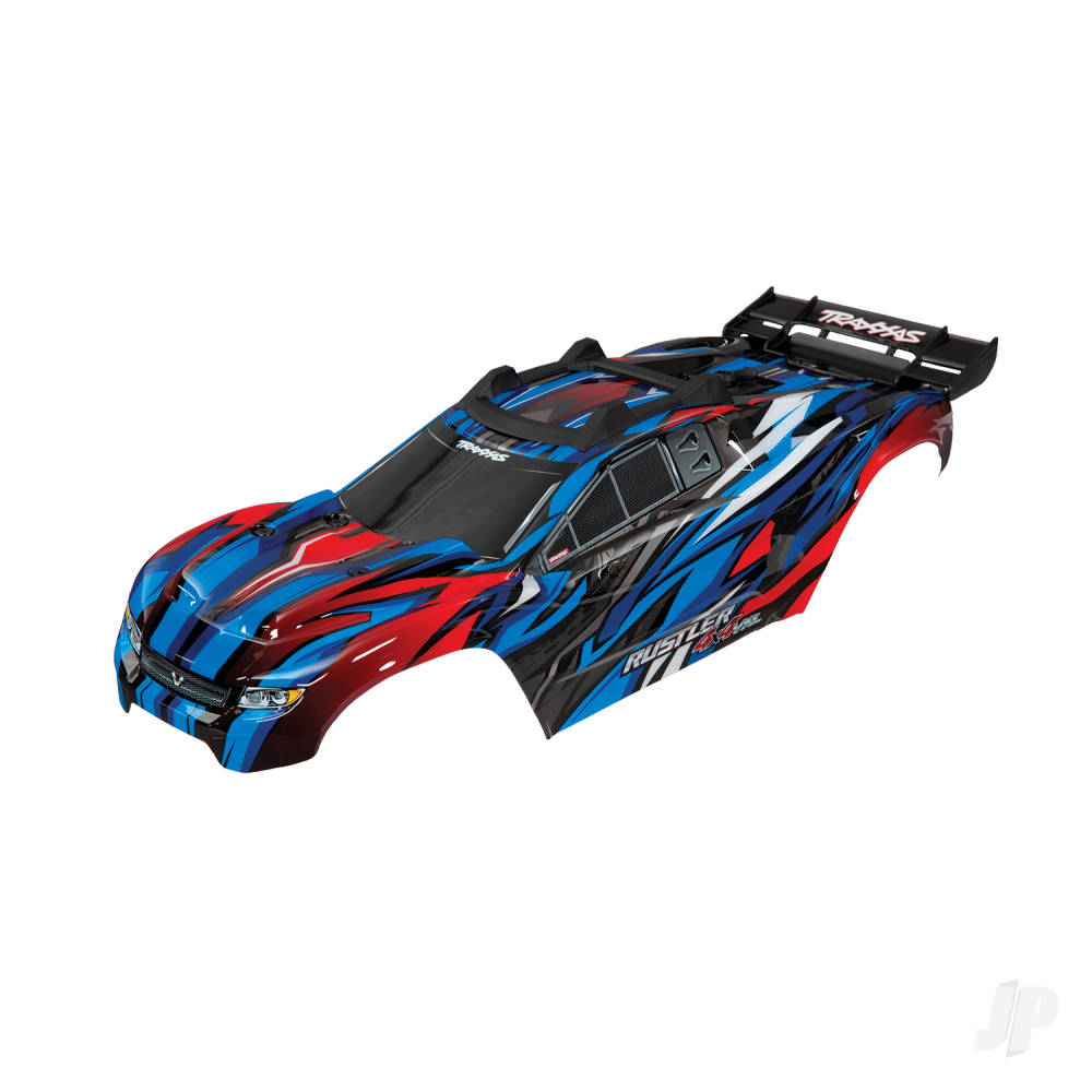Traxxas Body, Rustler 4X4 VXL, Blue / window, grille, lights decal sheet (assembled with front & rear body mounts and rear body support for clipless mounting)