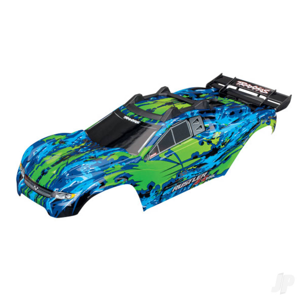 Traxxas Body, Rustler 4X4 VXL, Green / window, grille, lights decal sheet (assembled with Front & Rear Body mounts and Rear Body support for clipless mounting)