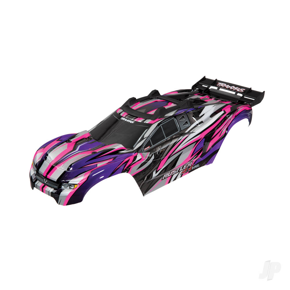 traxxas-body-rustler-4x4-vxl-pink-window-grille-lights-decal-sheet-assembled-with-front-rear-body-mounts-and-rear-body-support-for-clipless-mounting