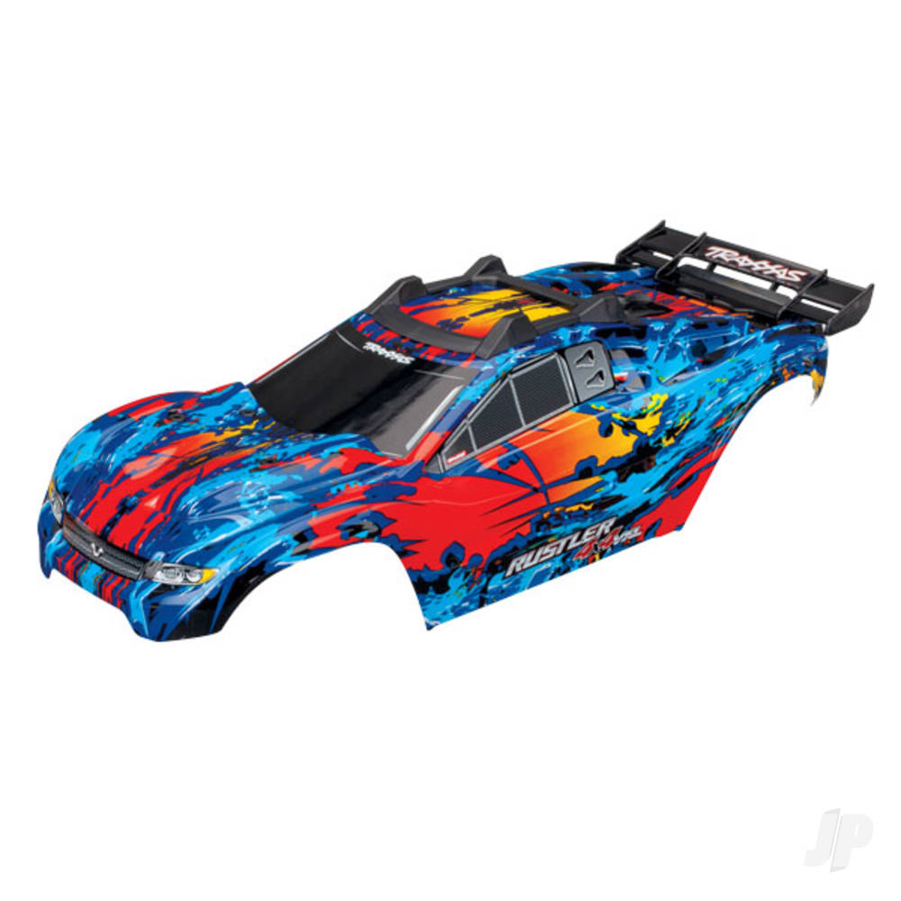 Traxxas Body, Rustler 4X4 VXL, Red / window, grille, lights decal sheet (assembled with Front & Rear Body mounts and Rear Body support for clipless mounting)