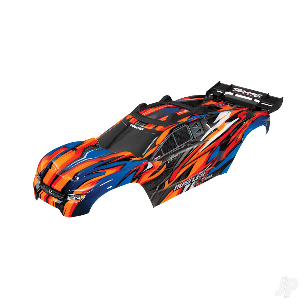 Traxxas Body, Rustler 4X4 VXL, Orange / window, grille, lights decal sheet (assembled with front & rear body mounts and rear body support for clipless mounting)