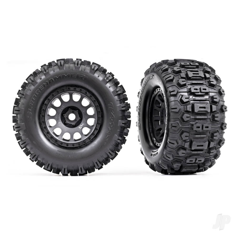 traxxas-tyres-wheels-assembled-glued-xrt-race-black-wheels-sledgehammer-tyres-foam-inserts-left-right