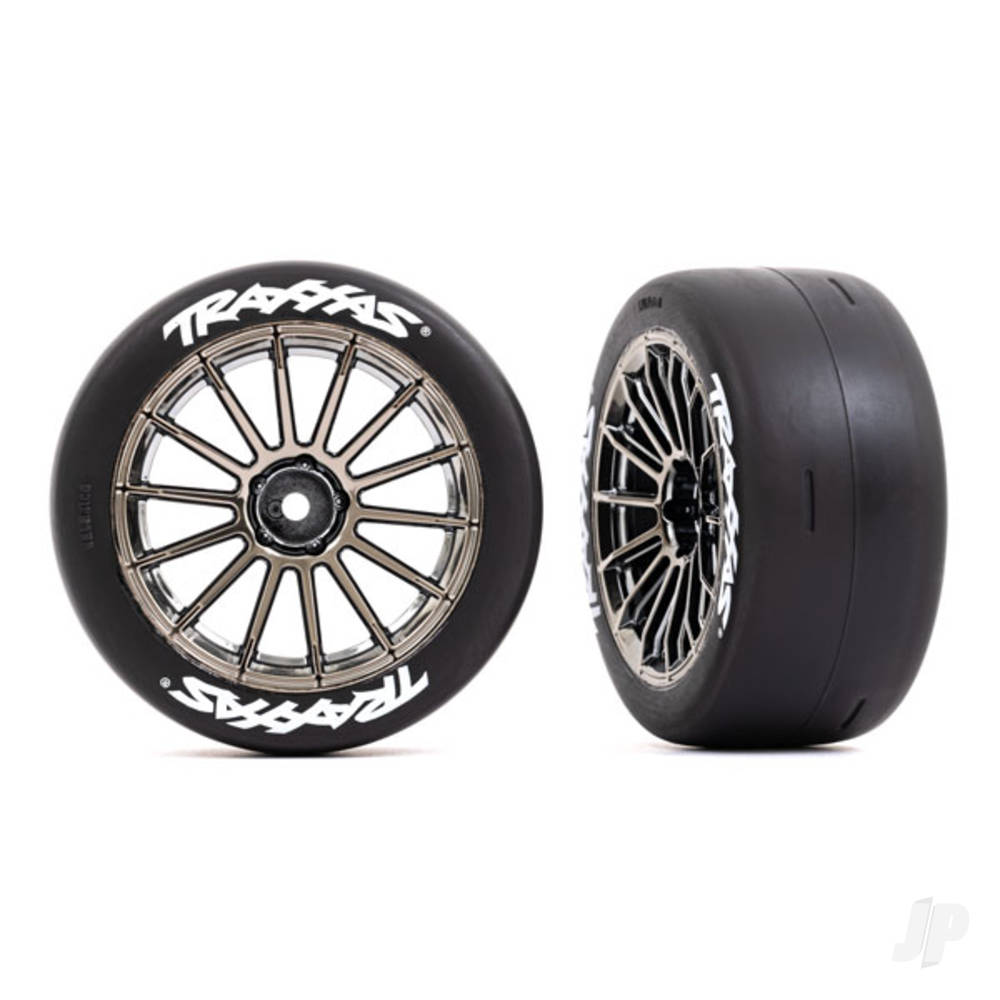 Traxxas Tyres & Wheels, Assembled, Glued (multi-spoke Black Chrome wheels, 2in Slick Tyres with Traxxas logo, foam inserts) (rear) (2 pcs) (VXL rated)