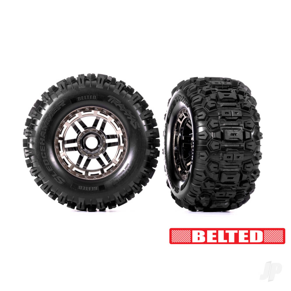 traxxas-tyres-wheels-assembled-glued-black-chrome-wheels-belted-sledgehammer-all-terrain-tyres-dual-profile-29in-outer-38in-inner-foam-inserts-2-17mm-splined-tsm-rated