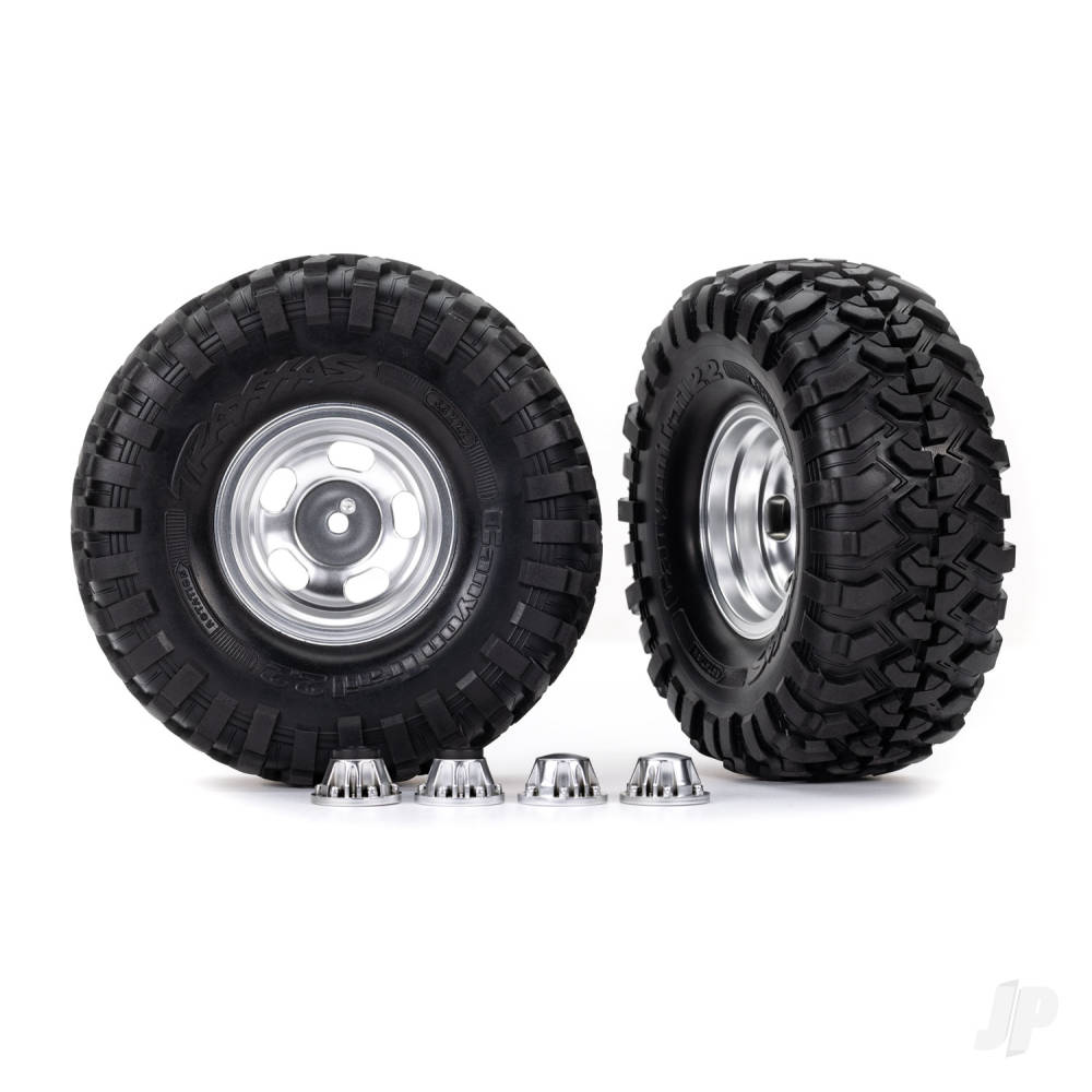 traxxas-tyres-wheels-assembled-glued-22in-satin-chrome-wheels-canyon-trail-53-x-22in-tyres-2-centre-caps-2-requires-8255a-extended-thread-stub-axle