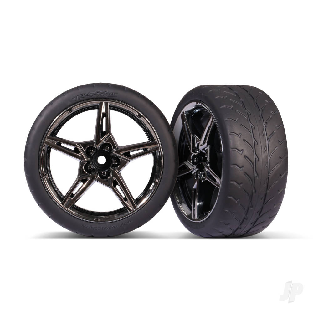 Traxxas Tyres & Wheels, Assembled, Glued (split-spoke Black Chrome wheels,in 1.9' Response tyres) (extra wide, rear) (2)