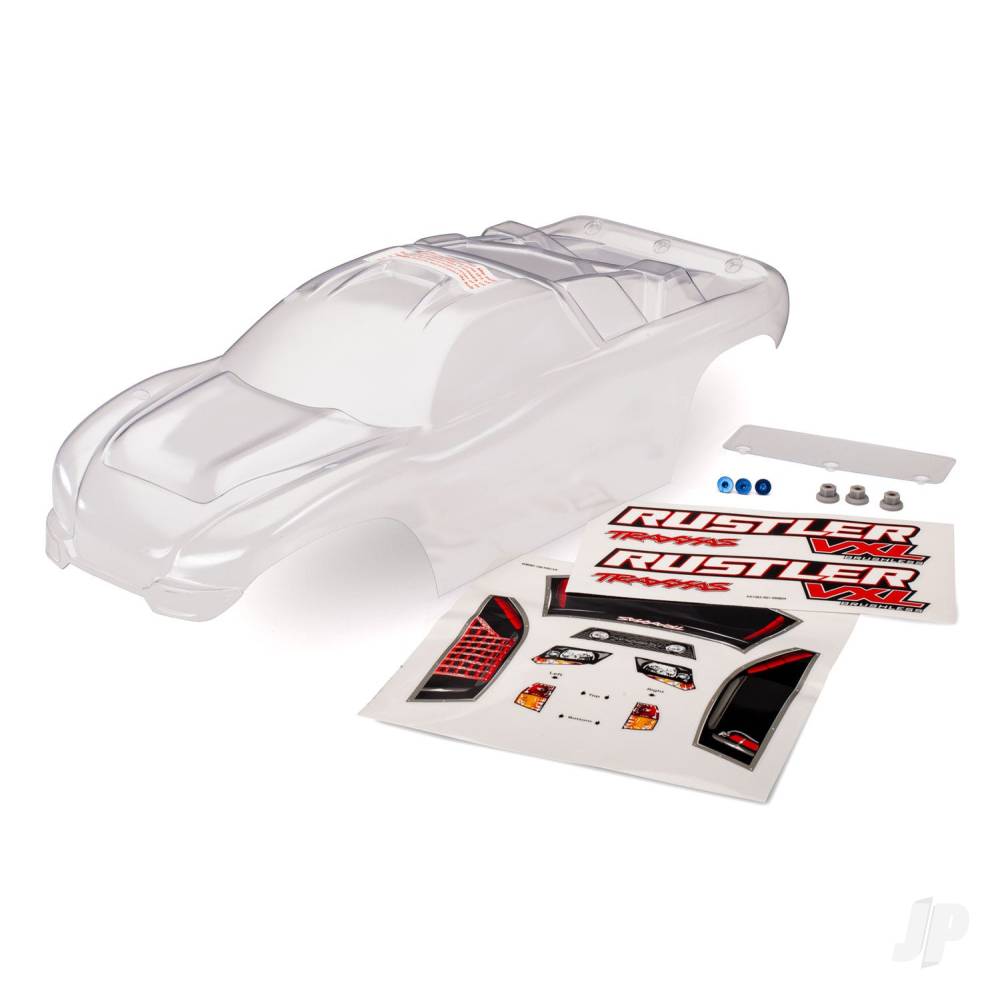 traxxas-body-rustler-clear-requires-painting-window-lights-decal-sheet-wing-and-aluminium-hardware