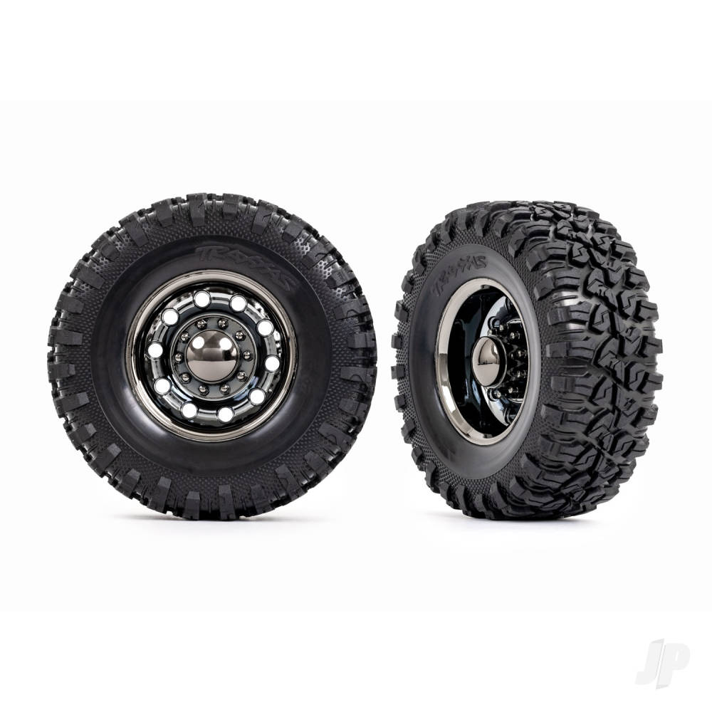 Traxxas Tyres & Wheels, Assembled, Glued (TRX-6 Big Rig 2.2in Black Chrome wheels, Canyon RT 4.6x2.2in tyres, foam inserts) (rear) (2)/ centre caps (Black Chrome) (2)