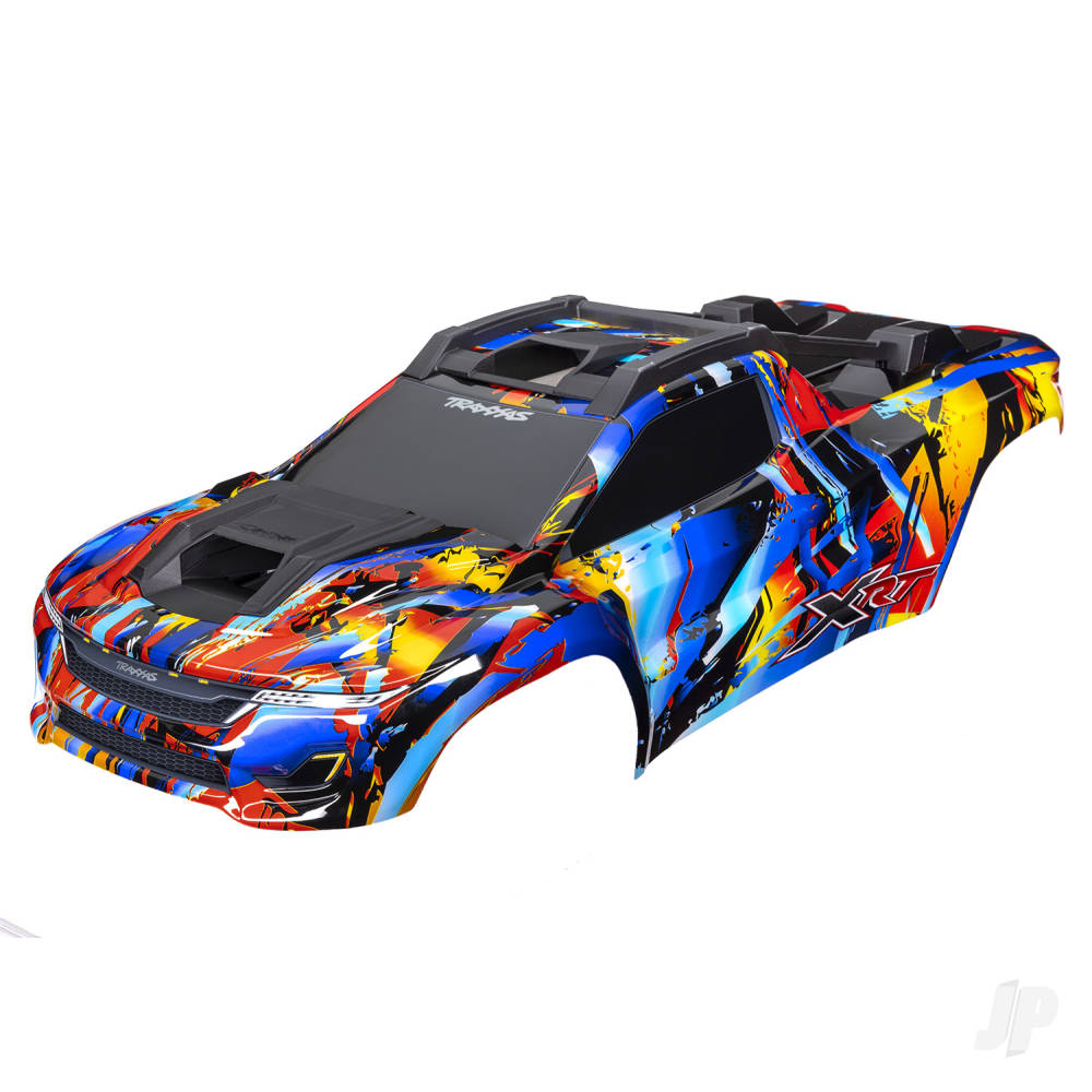 traxxas-body-xrt-rock-n-roll-painted-decals-applied-assembled-with-front-rear-body-supports-for-clipless-mounting-roof-hood-skid-pads