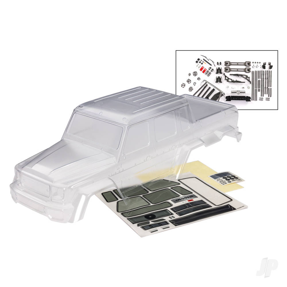 Traxxas Body, Mercedes-Benz G 63 (clear, requires painting) / decals / window masks (includes grille, side mirrors, door handles, windshield wipers, & clipless mounting) (requires #8080X & 8828X inner fenders)