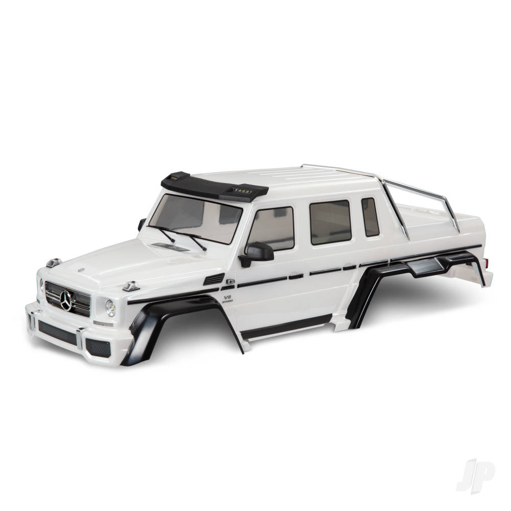 traxxas-body-mercedes-benz-g-63-complete-gloss-white-metallic-includes-grille-side-mirrors-door-handles-windshield-wipers-clipless-mounting-requires-8080x-8828x-inner-fenders