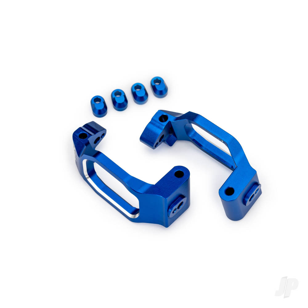 Traxxas Caster blocks, 6061-T6 aluminium (blue-anodised), left & right, 4x22mm pin (4), 3x10mm BCS (with threadlock) (4), retainers (4)