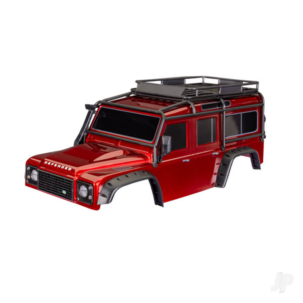 traxxas-body-land-rover-defender-red-complete-with-exocage-fuel-canisters-jack-spare-tyre-mount-clipless-mounting