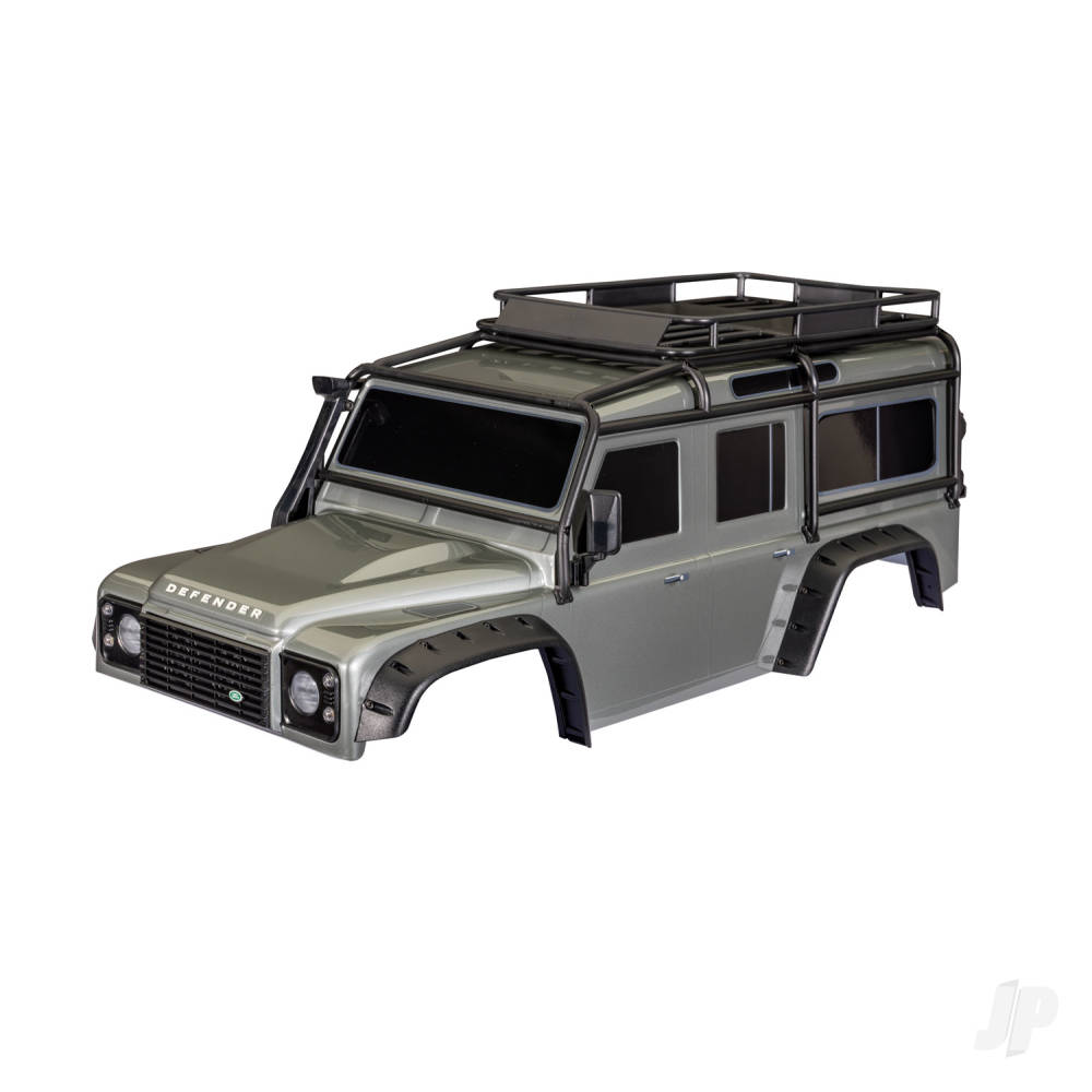 traxxas-body-land-rover-defender-silver-complete-with-exocage-fuel-canisters-jack-spare-tyre-mount-clipless-mounting