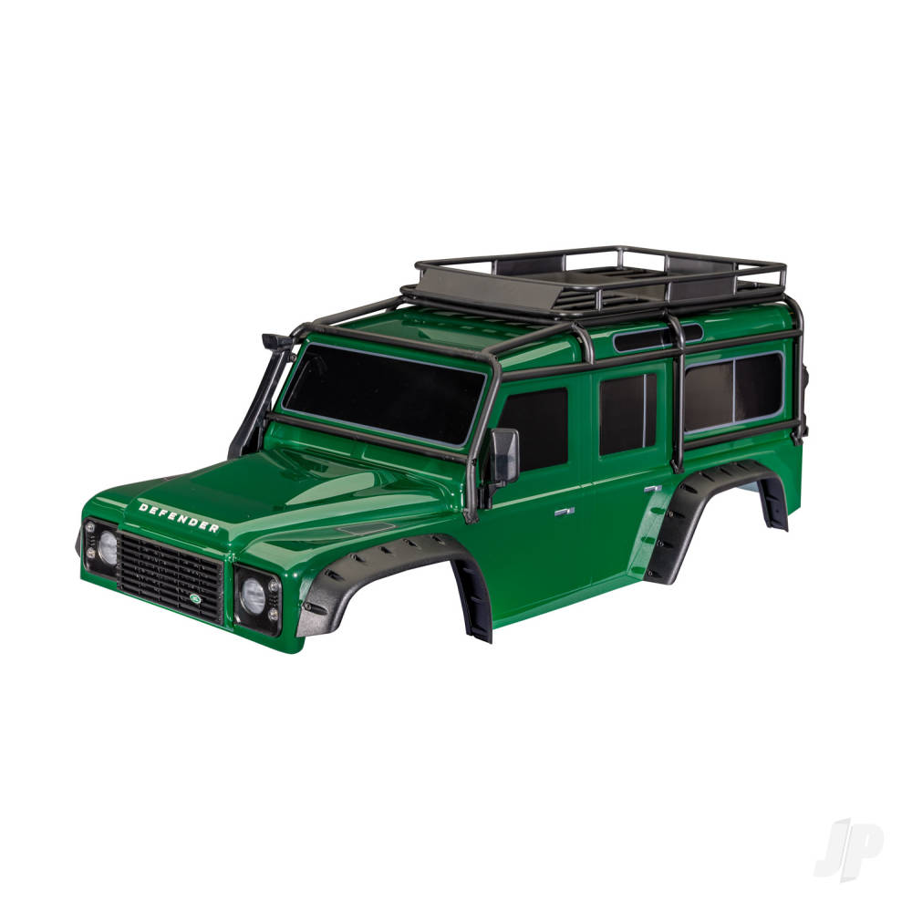 traxxas-body-land-rover-defender-green-complete-with-exocage-fuel-canisters-jack-spare-tyre-mount-clipless-mounting