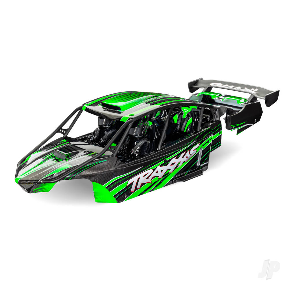 traxxas-body-funco-pro-scale-sand-car-green-painted-decals-applied-assembled-with-front-rear-body-supports-for-clipless-mounting-roll-cage-interior