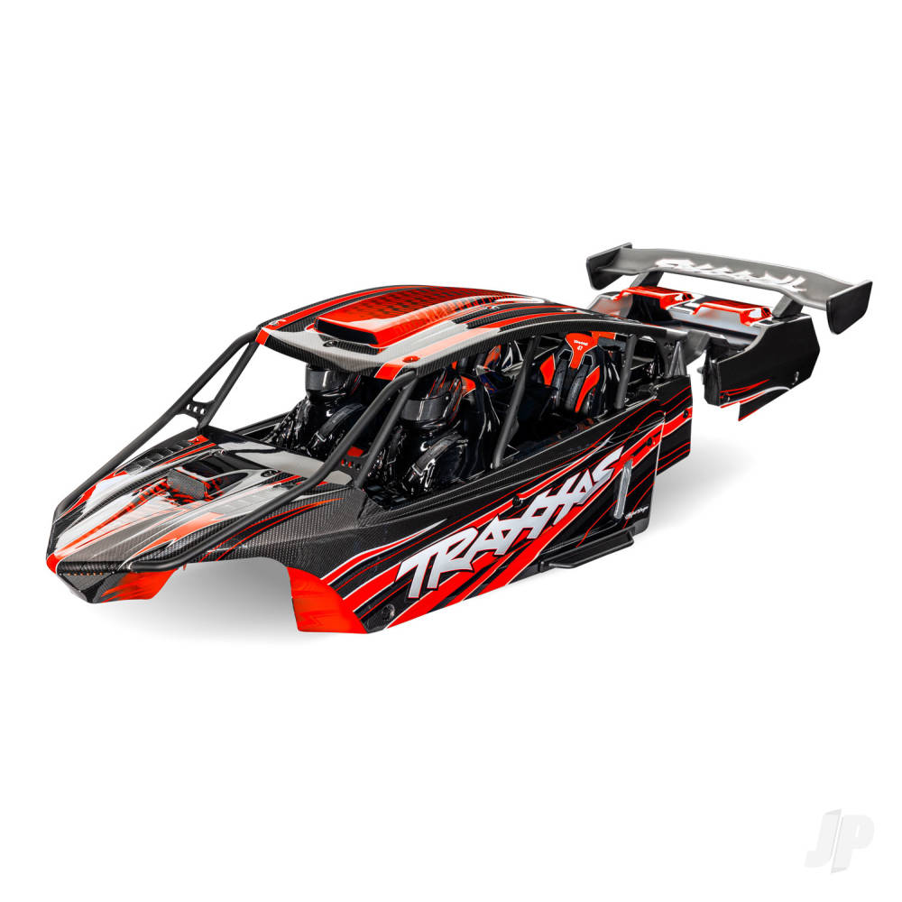 traxxas-body-funco-pro-scale-sand-car-red-painted-decals-applied-assembled-with-front-rear-body-supports-for-clipless-mounting-roll-cage-interior