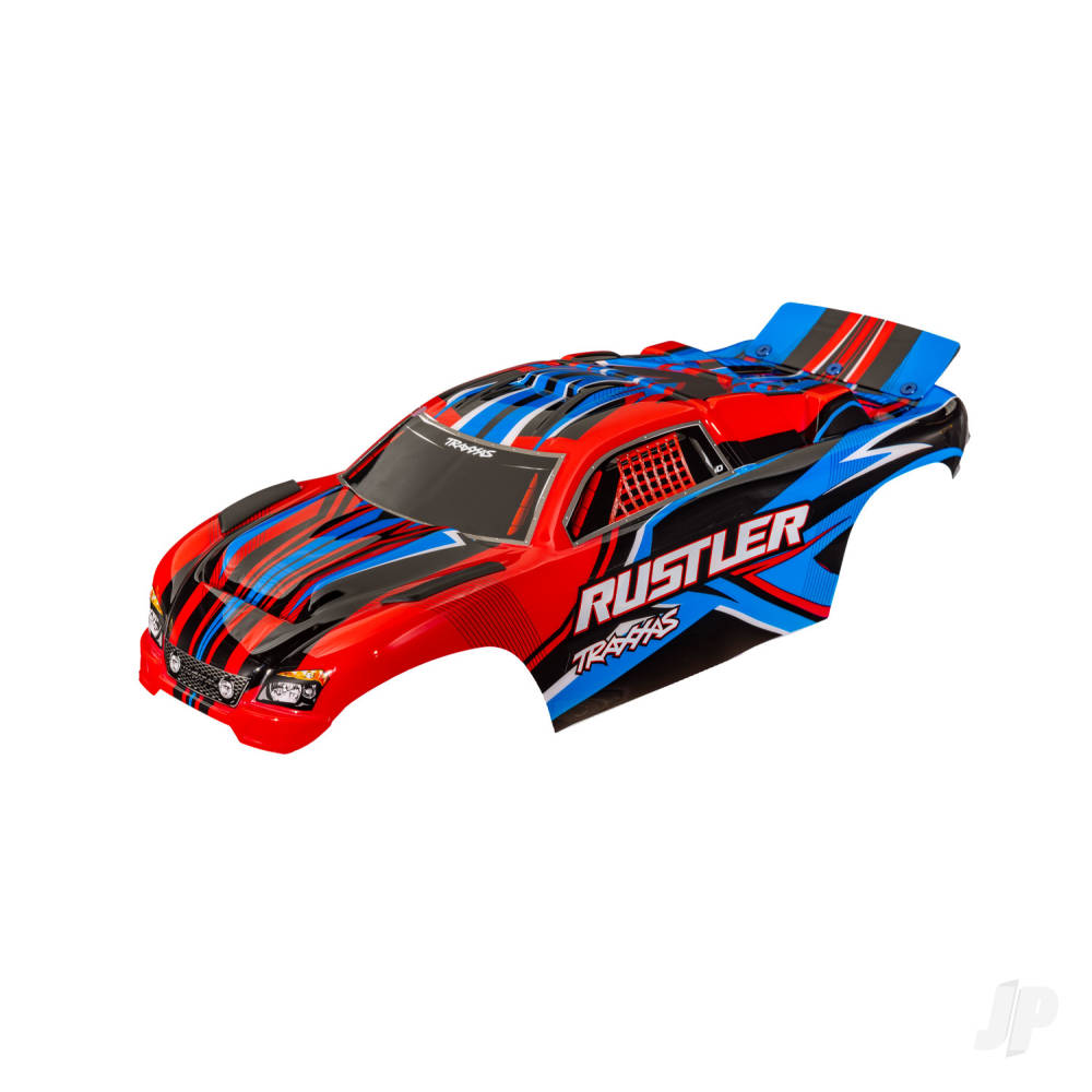traxxas-body-rustler-also-fits-rustler-vxl-red-painted-decals-applied-assembled-with-front-rear-body-mounts-for-clipless-mounting-2