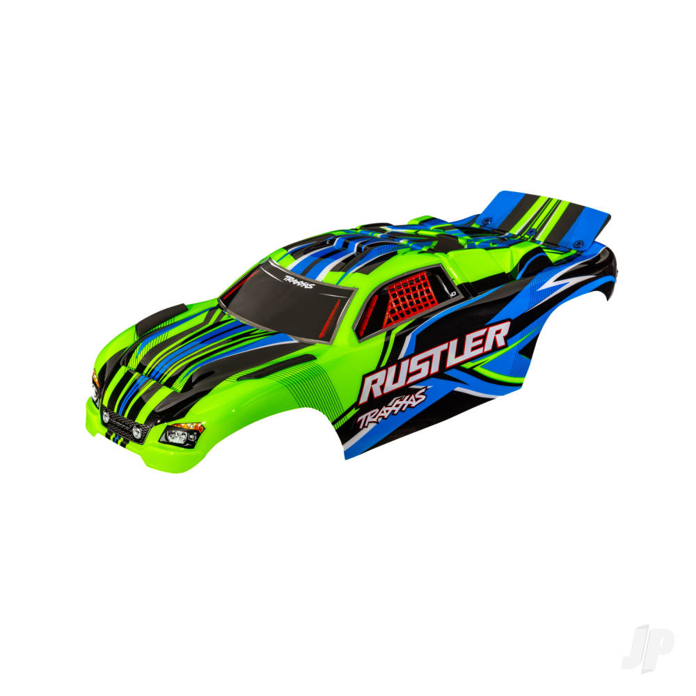 traxxas-body-rustler-also-fits-rustler-vxl-green-painted-decals-applied-assembled-with-front-rear-body-mounts-for-clipless-mounting-2