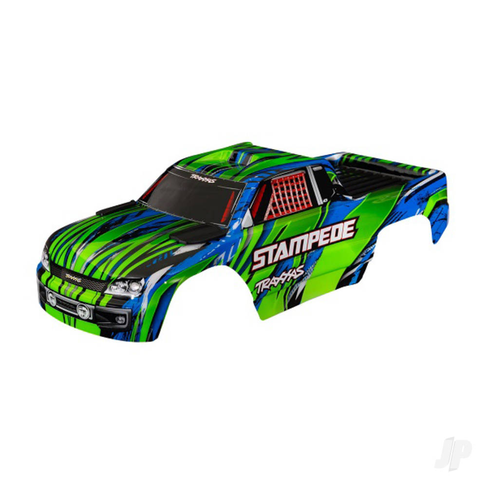 traxxas-body-stampede-also-fits-stampede-vxl-green-painted-decals-applied-assembled-with-front-rear-body-mounts-for-clipless-mounting-2