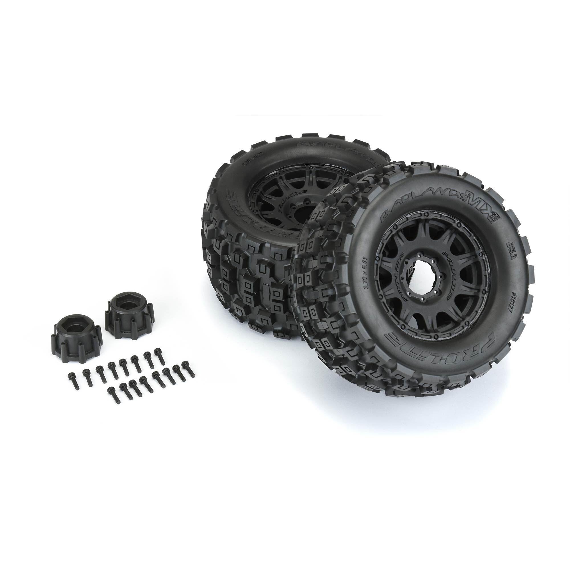1/8 Badlands MX38 F/R 3.8" MT Tires Mounted 17mm Blk Raid (2-3