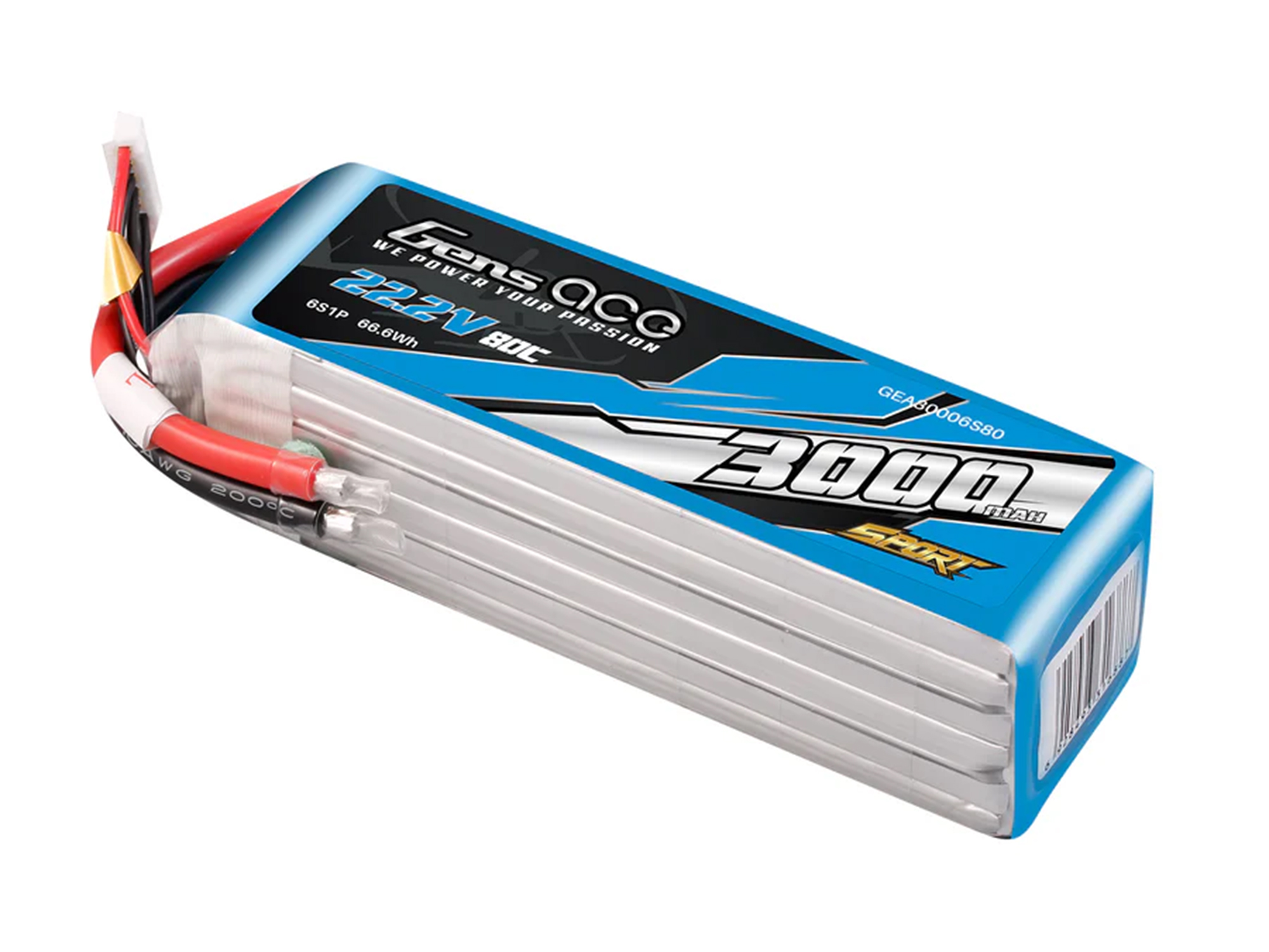 Li-Po Sport 6S 22.2V 3000mAh 80C with No Plug-2