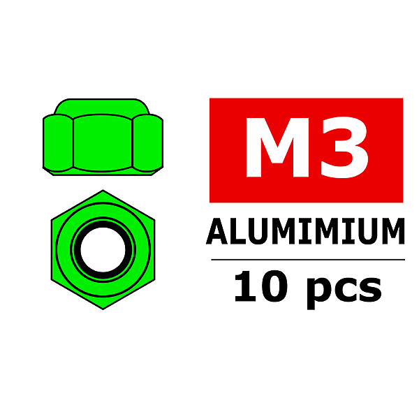 Corally Aluminium Nylstop Nut M3 Green 10 Pcs