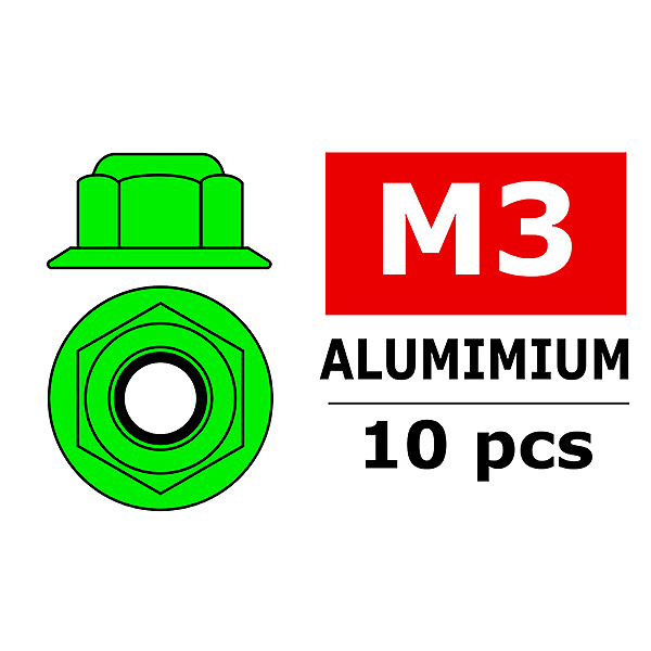 Corally Aluminium Nylstop Nut M3 Flanged Green 10