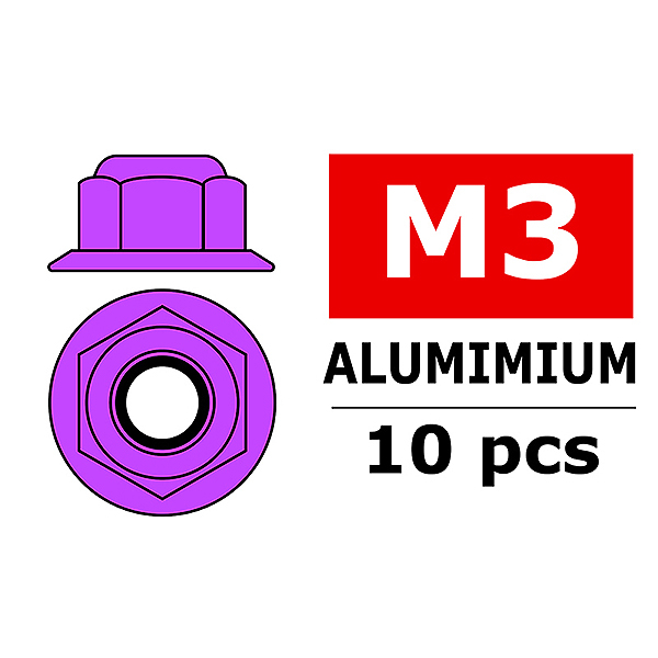 Corally Aluminium Nylstop Nut M3 Flanged Purple 10