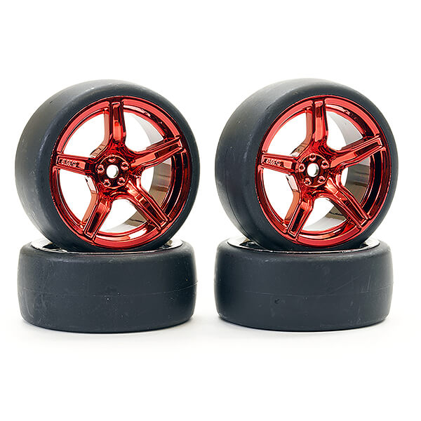 Fastrax 1/10 (4) Drift D1 Tyre W/3mm 5-spoke Wheel- Met Red